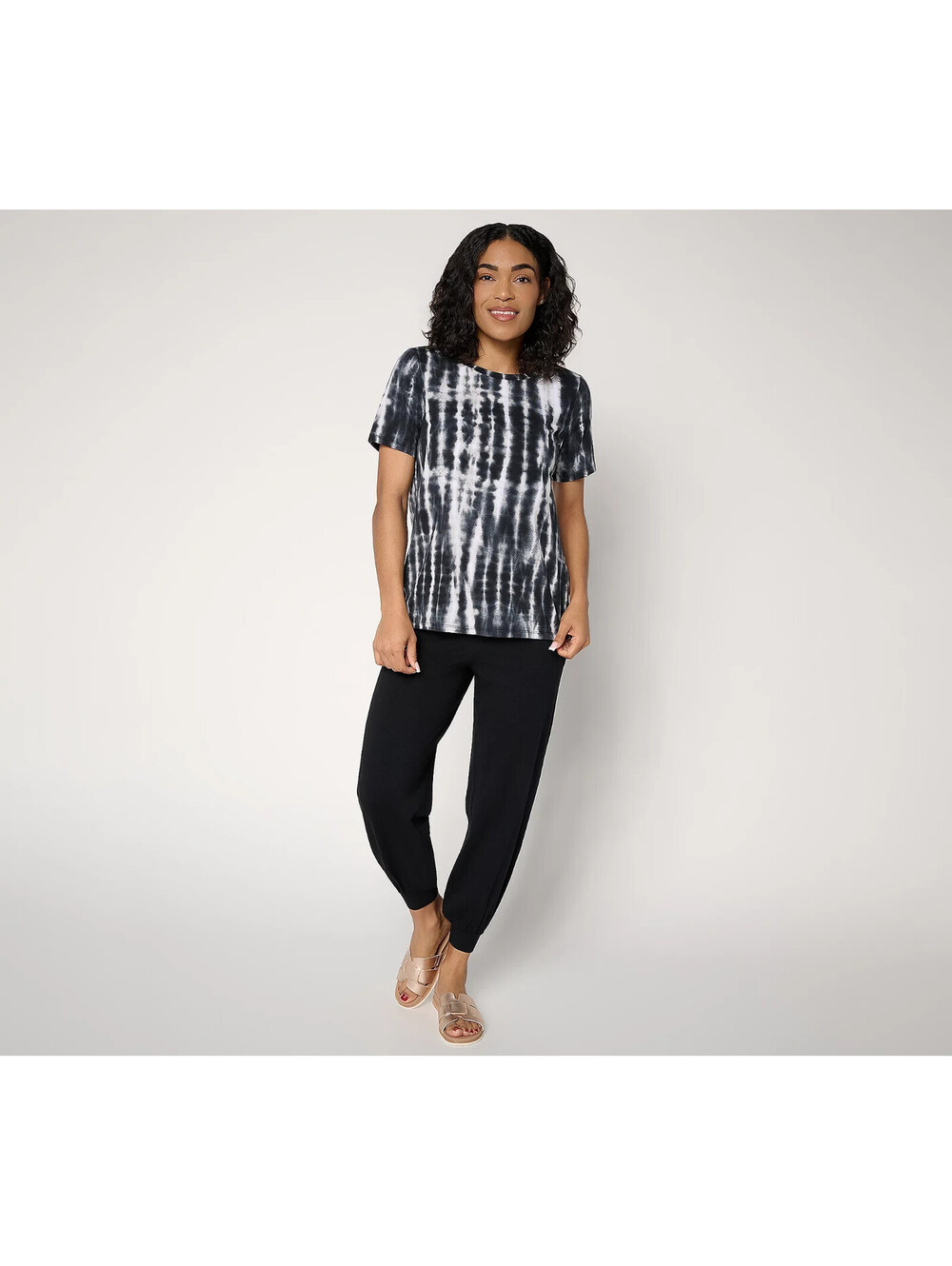 Anybody Regular Cozy Knit Printed Round Neck Tee & Jogger Set Black, Small